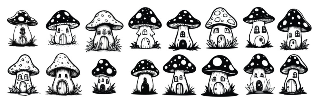 Black and white mushroom houses with windows and doors