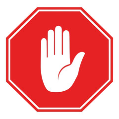 Obraz premium Red octagonal stop sign with a white hand symbol indicating halt or warning