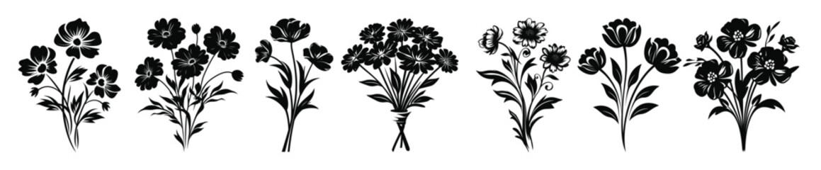  flowers bouquet black silhouette vector set 