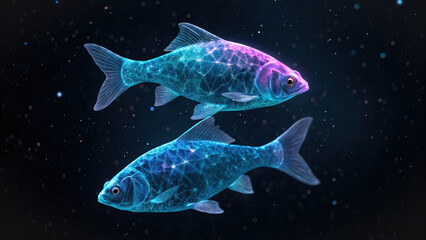 Naklejka premium Pisces zodiac. Two glowing polygonal fish swim in dark, starry background, creating mystical and futuristic atmosphere