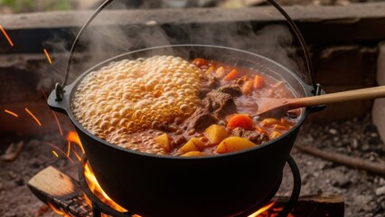 Hearty Stew Cooking Over Open Campfire