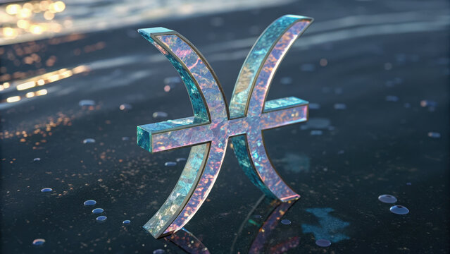 Pisces zodiac. holographic Pisces emblem with artistic design floats on reflective surface, creating mystical atmosphere