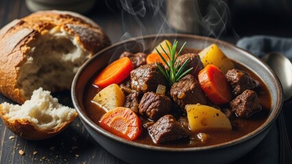 Hearty beef stew with vegetables and bread, steaming bowl of comfort food