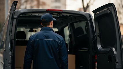 Delivery person in uniform standing at the back of an open dark delivery van with cardboard boxes inside, ready for work.