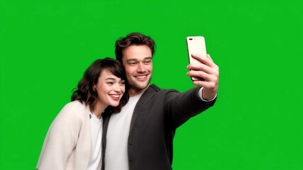 Happy young couple in love making selfies on smart phone on green screen background, laughing together chroma key. Copy space. Couple in love, dating, married, romantic