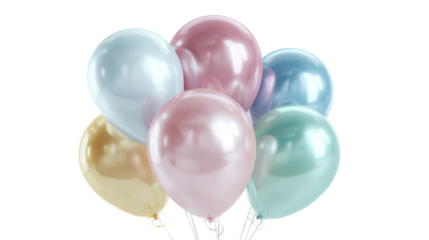 Cluster of pearlescent balloons in pastel colors isolated on transparent background