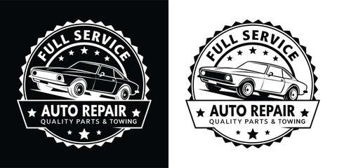 Retro auto repair emblem with car illustration, full service, quality parts and towing services offered