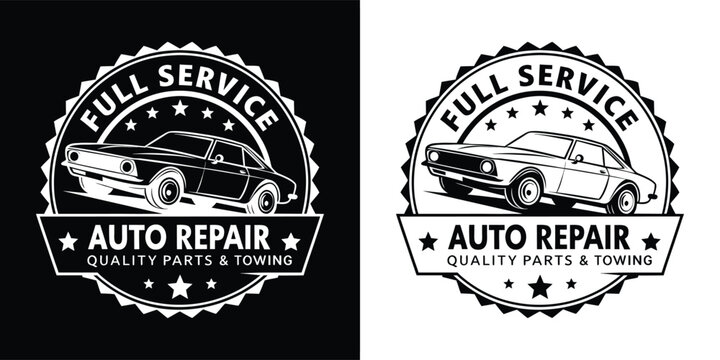 Retro auto repair emblem with car illustration, full service, quality parts and towing services offered