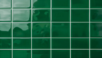 Close-up of glossy green square tiles with white grout lines