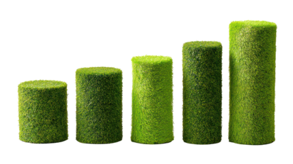 Sets of vibrant green artificial turf samples in different textures on transparent background
