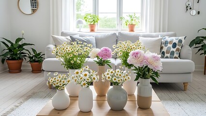 Cozy living room with fresh flower arrangements and potted plants near window
