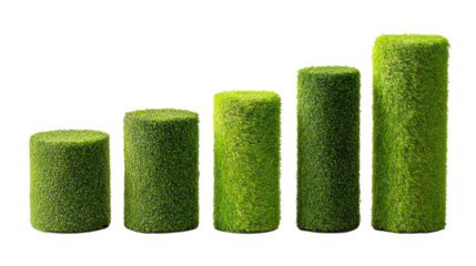Sets of vibrant green artificial turf samples in different textures on transparent background