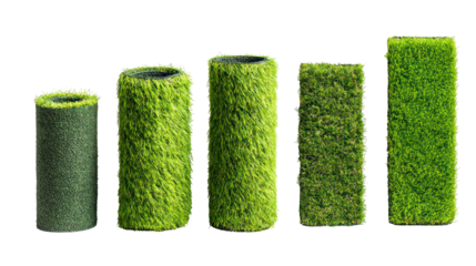 Sets of vibrant green artificial turf samples in different textures on transparent background
