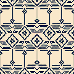 Cross stitch pattern, Ukrainian style, folk embroidery border, geometric floral pattern on cream background. Seamless vector design for textiles, home decor, clothes, carpets, cushions, etc.