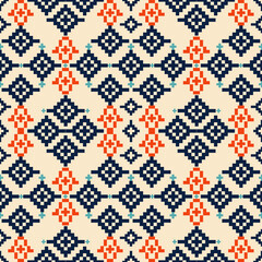 Cross stitch pattern, Ukrainian style, folk embroidery border, geometric floral pattern on cream background. Seamless vector design for textiles, home decor, clothes, carpets, cushions, etc.
