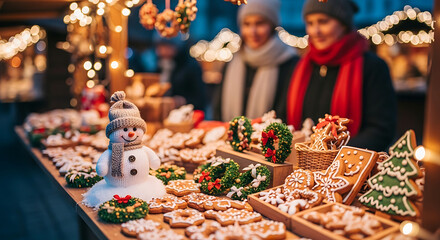 Couple shopping for Christmas cookies and holiday treats at outdoor winter market with festive lights and decorations