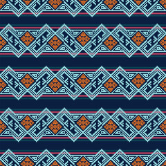 Cross-stitch pattern, pixel, navy blue, traditional seamless, featuring stripes and geometric borders, Nordic style, very classic.