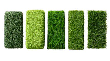 Sets of vibrant green artificial turf samples in different textures on transparent background