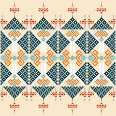 Cross stitch pattern, Ukrainian style, folk embroidery border, geometric floral pattern on cream background. Seamless vector design for textiles, home decor, clothes, carpets, cushions, etc.