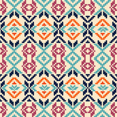 Cross stitch pattern, Ukrainian style, folk embroidery border, geometric floral pattern on cream background. Seamless vector design for textiles, home decor, clothes, carpets, cushions, etc.