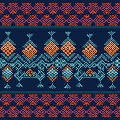 Cross stitch pattern, Ukrainian style, folk embroidery border, blue and red geometric floral pattern, seamless vector design, for textiles, home decor, clothing, carpets, cushions, etc.