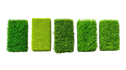 Sets of vibrant green artificial turf samples in different textures on transparent background
