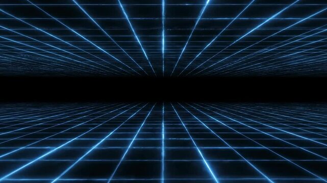 Abstract motion graphic loop of a fading neon-blue digital matrix grid seamlessly pulsing on an empty, deep black background technology, void, cleanlines