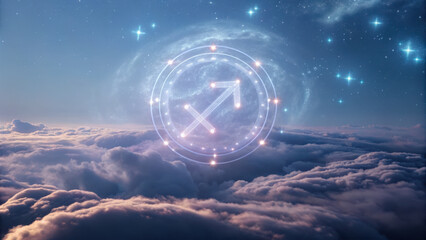 Sagittarius zodiac. Holographic Sagittarius zodiac symbol floats above clouds with cosmic background