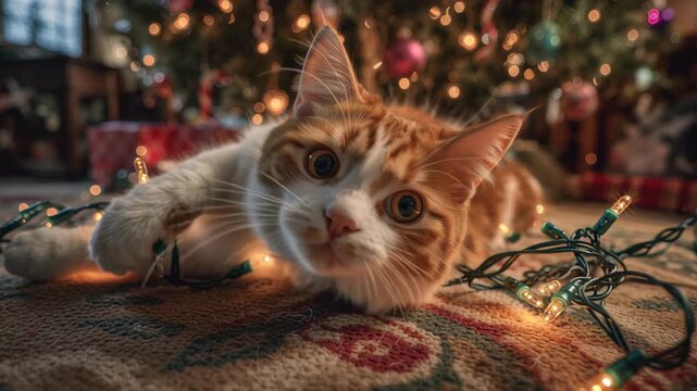 Adorable cat playfully entangled in festive Christmas lights beneath holiday tree
