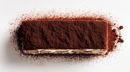 Top down view of Italian tiramisu dessert cocoa powder dusting arranged on a pure white background for clean minimal dessert styling