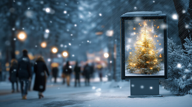 Snow-blanketed forest scene with glowing Christmas tree and blank advertising structure, faceless pedestrians in winter clothing, defocused woodland magical atmosphere, festive lan