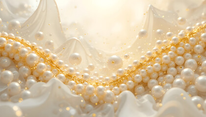 Golden white background with pearl beads shining, radiant glow and soft light, elegant abstraction