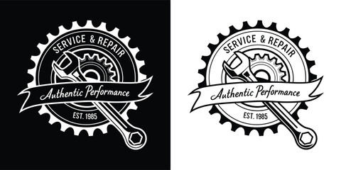 Service repair authentic performance automotive workshop logo with tools and gears in distressed grunge style © Vectoravec