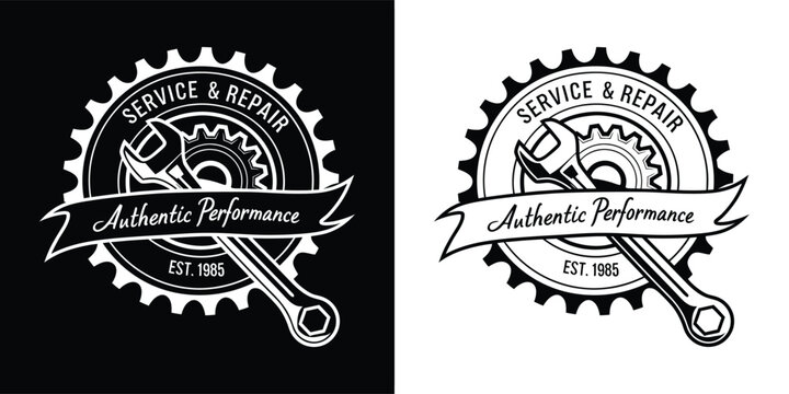Service repair authentic performance automotive workshop logo with tools and gears in distressed grunge style
