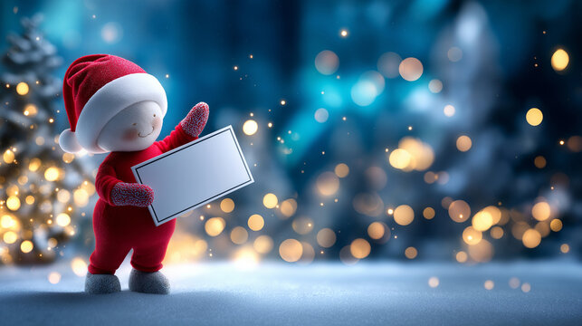 Faceless happy holiday figure in traditional red costume displaying blank announcement board, defocused winter blue sky backdrop with golden elements, seasonal festive messaging, C