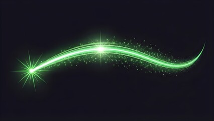 Abstract glowing green light trail with glittering dust particles and sparkle effects on a dark background