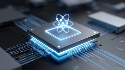 Quantum Computer Technology: A close-up view of a futuristic quantum computer chip, glowing with intricate detail and symbolizing the cutting edge of science.