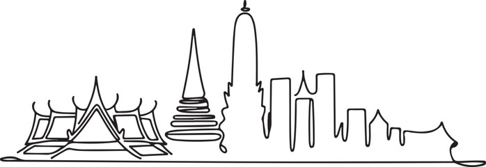Fototapeta premium Continuous line illustration of the Bangkok skyline with a Chao Phraya River arc in a minimal elegant outline drawing