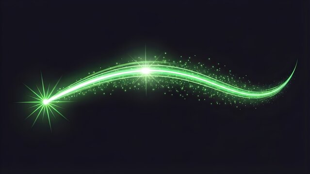 Abstract glowing green light trail with glittering dust particles and sparkle effects on a dark background