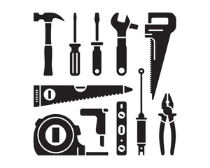 Construction and repair tools, hammer, wrench, screwdriver, hand saw, drill machine, toolbox black vector silhouettes illustration design set collection, construction tools silhouette, repair tools