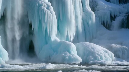 Striking frozen waterfall with intricate ice formations, sparkling icicles, and crystalline snow, revealing nature's stunning artistry in a cold winter landscape - Powered by Adobe