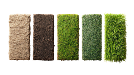 Five unique samples of grass grown in different soil types arranged on transparent background