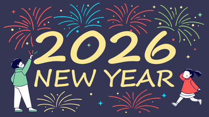 Happy new year 2026 greeting card design with cheerful children celebrating new beginnings, vibrant fireworks, sparklers, and festive starry night sky background.