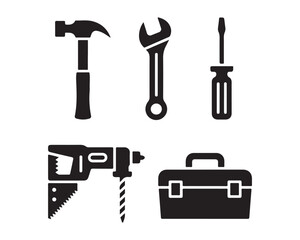 Construction and repair tools, hammer, wrench, screwdriver, hand saw, drill machine, toolbox black vector silhouettes illustration design set collection, construction tools silhouette, repair tools