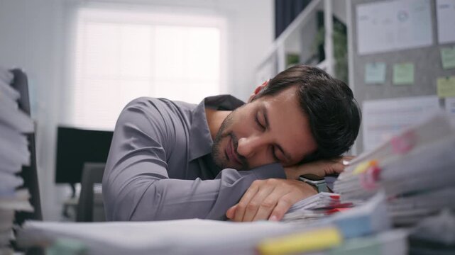 A tired businessman sleeps on paperwork at his desk during a late-night workload after becoming overworked and exhausted.