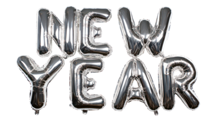 Silver foil balloons spelling new year isolated on transparent background