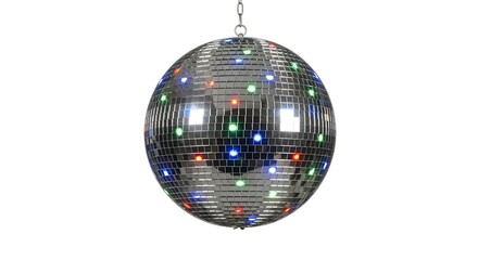 A spherical, mirrored surface object reflecting colorful lights, suspended from a chain
