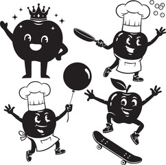 Playful Apple Characters as Chefs and Performing Activities in Black and White Vector Style
