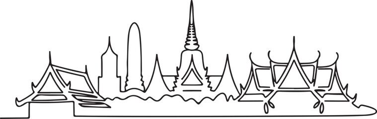 Continuous line illustration of the Bangkok skyline with a Chao Phraya River arc in a minimal elegant outline drawing