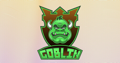 Vector cartoon gaming scary logo. Green horned ugly toon muzzle face, head. Shield and terrible brutal wild goblin. Sport team mascot. Shoulder patch. Logotype and emblem. Sticker